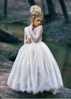 Ivory Eyelash Lace Tulle Pearl Flower Girl Dress